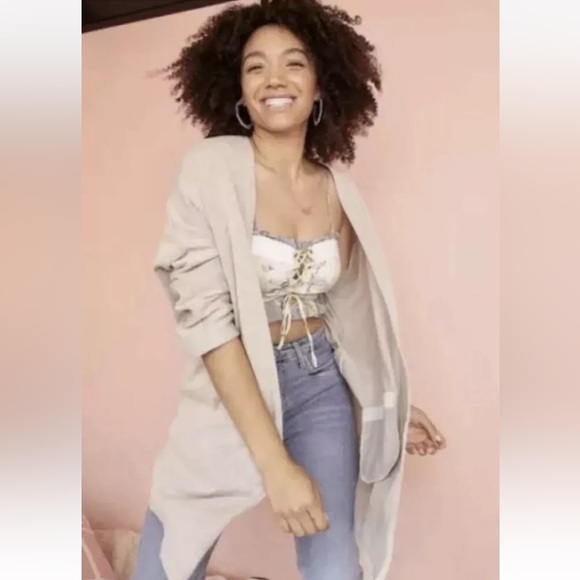 Donni Sandwash Ribbed Open Cardigan Sweater Gray Beige One Size Womens - Picture 2 of 10